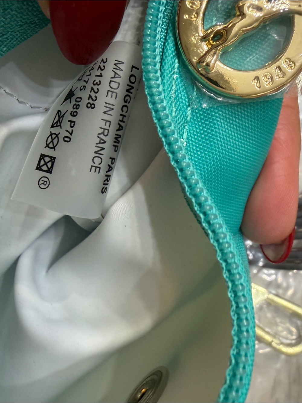 SMALL Longchamp Turquoise Nylon Tote with Brown Leather Trim - Picture 8 of 8